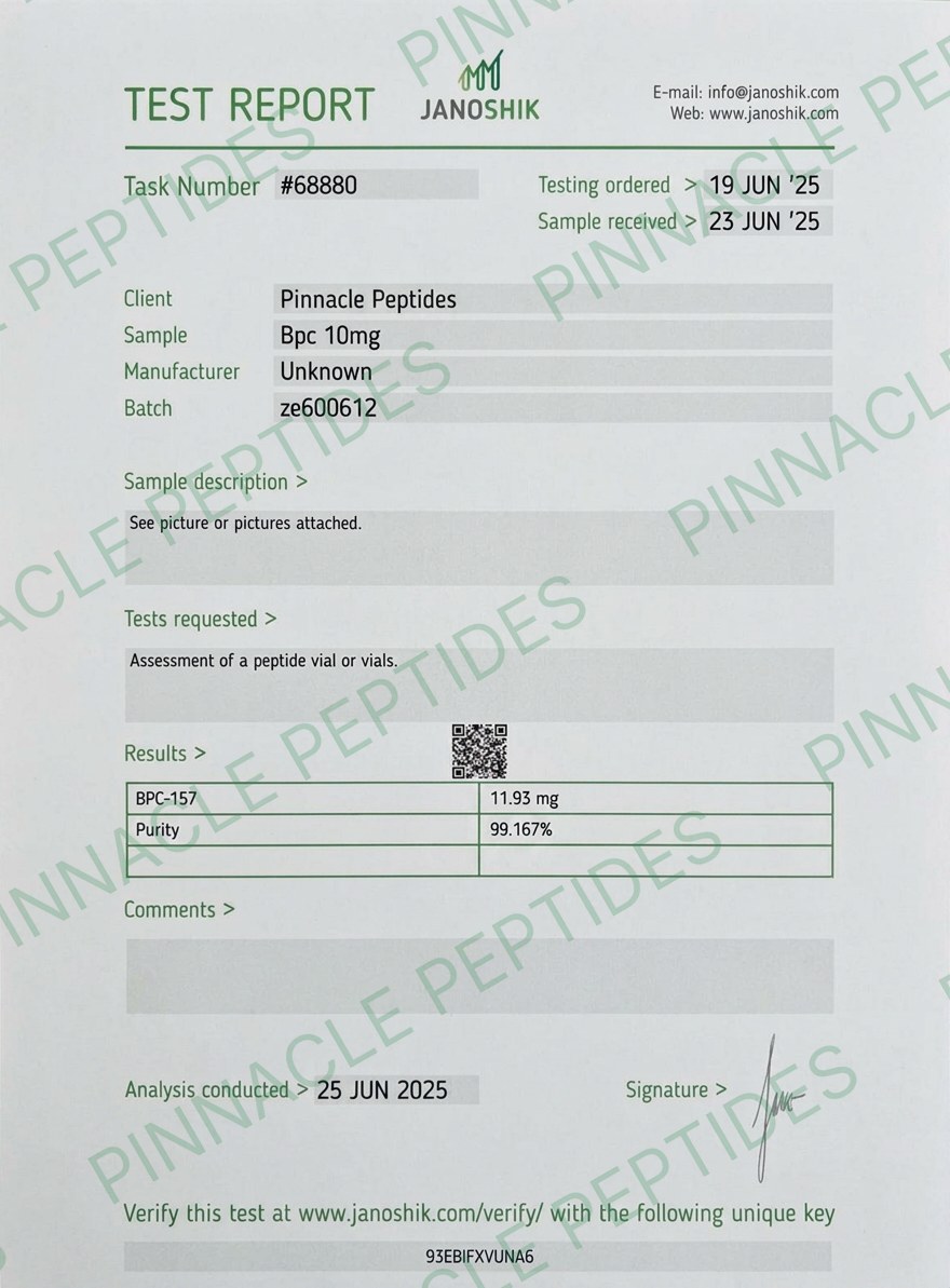 BPC-157 10mg Certificate of Analysis with Pinnacle Peptides watermark