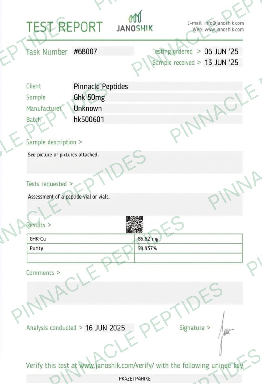 GHK-Cu 50mg Certificate of Analysis with Pinnacle Peptides watermark