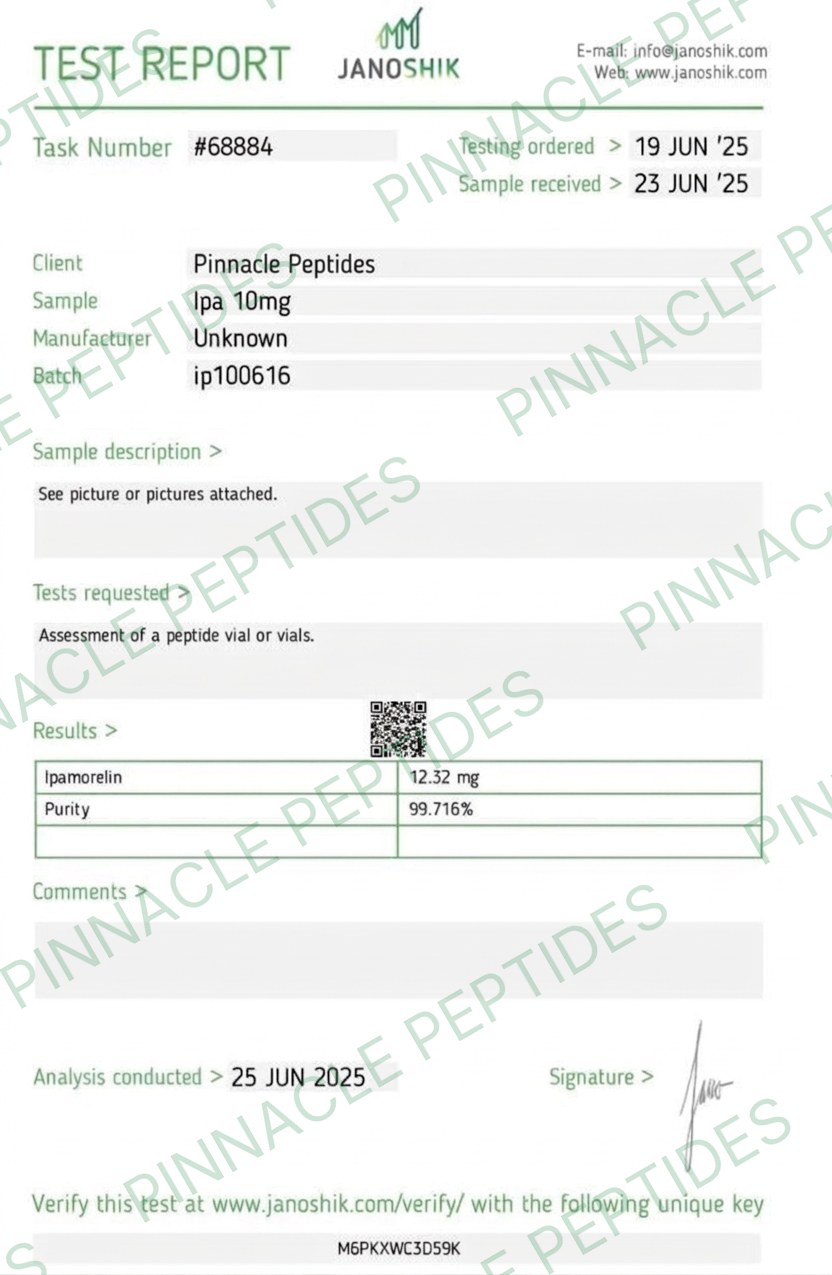 Ipamorelin 10mg Certificate of Analysis with Pinnacle Peptides watermark