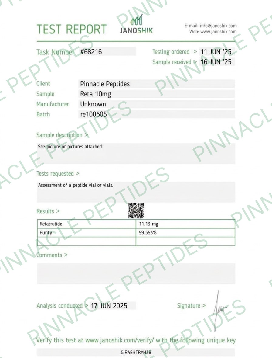 Retatrutide 10mg Certificate of Analysis with Pinnacle Peptides watermark
