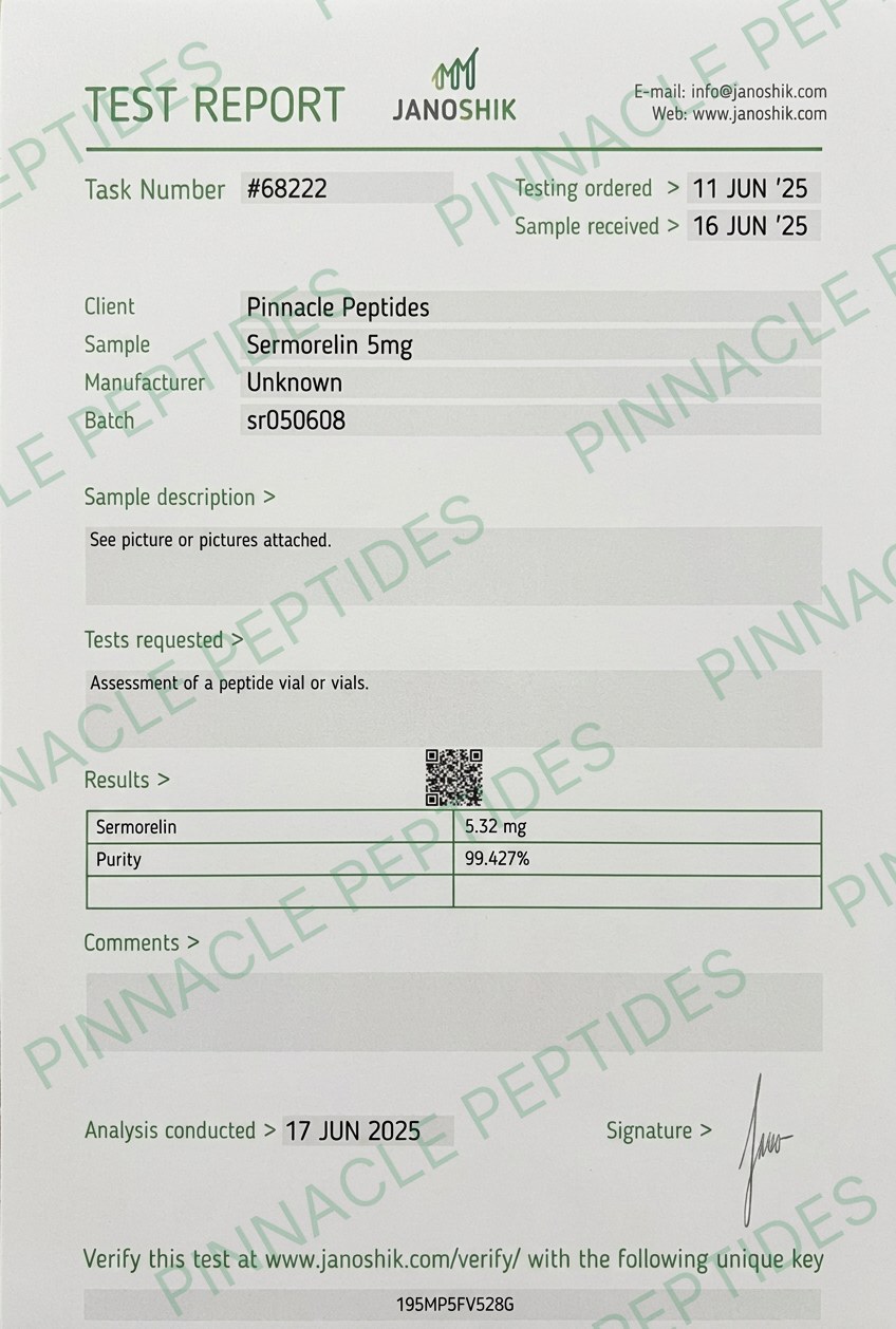 Sermorelin 5mg Certificate of Analysis with Pinnacle Peptides watermark
