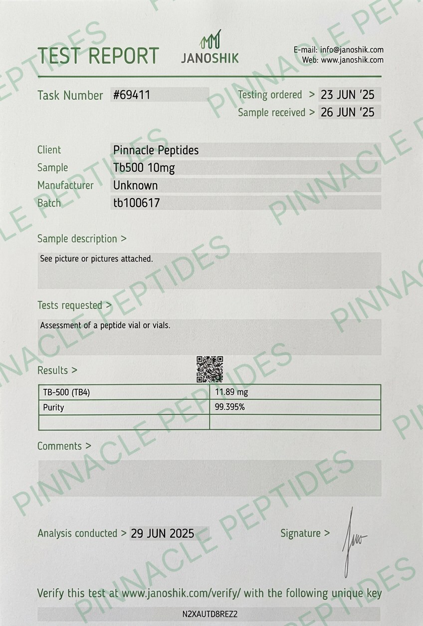 TB-500 10mg Certificate of Analysis with Pinnacle Peptides watermark